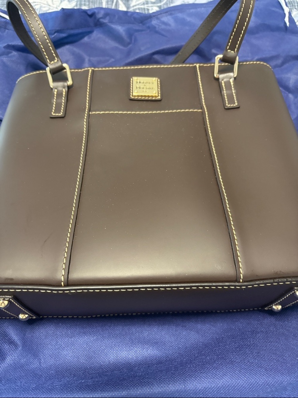 Dooney & Bourke Dark Brown Leather Shoulder Tote with Contrast Stitching